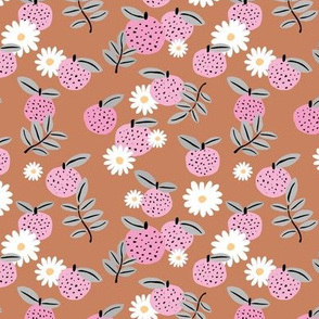 Sweet boho citrus garden and daisies botanical summer nursery design girls rust copper pink gray