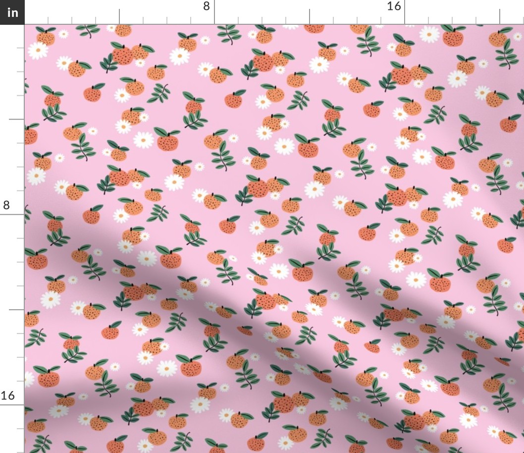 Delicate boho citrus garden and daisies botanical summer nursery design girls pink orange green