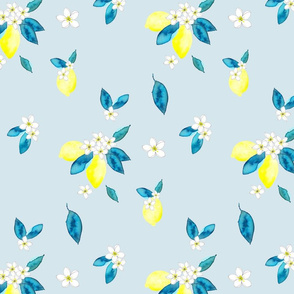 Watercolor lemons and flowers with teal from Anines Atelier. Use the design for a backsplash, kitchen walls and interior