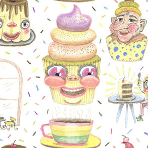 pastel cafe quirky anthropomorphic pastries baking, large scale, white yellow rainbow colors
