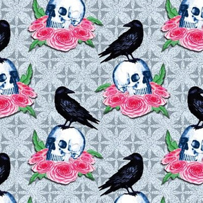 raven , skull, and roses