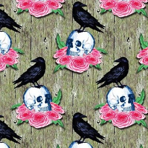 ravens, roses, and skulls on barnwood