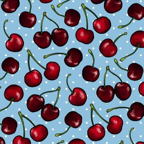 Juicy red retro Cherries, blue with white polka dots