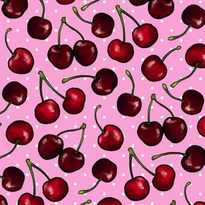 Juicy red retro Cherries, pink with white polka dots