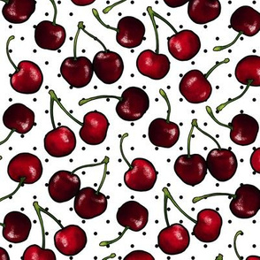 Juicy red retro Cherries, white with polka dots