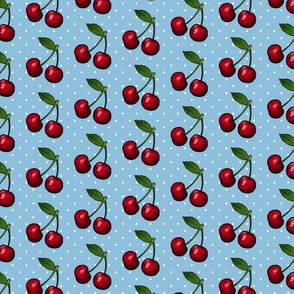 Rockabilly retro cherries, blue with white polka dots