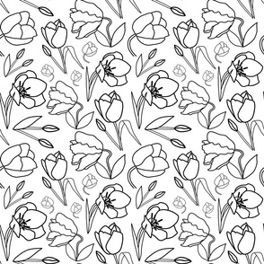 Spring Tulips in My Garden - line art, black on white, medium