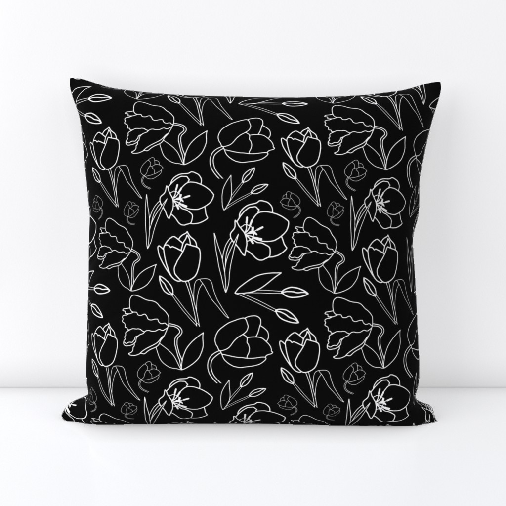 Spring Tulips in My Garden - line art, white on black, medium  