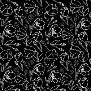 Spring Tulips in My Garden - line art, white on black, medium  