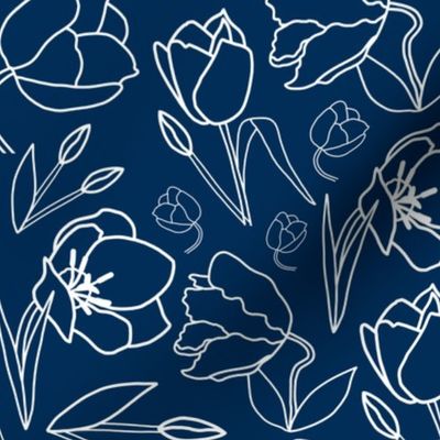 Spring Tulips in My Garden - line art, white on classic blue, medium 