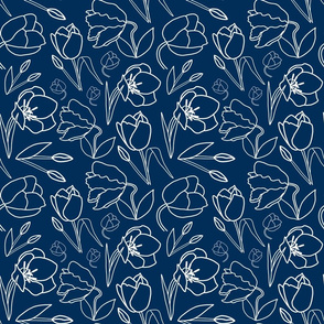 Spring Tulips in My Garden - line art, white on classic blue, medium 