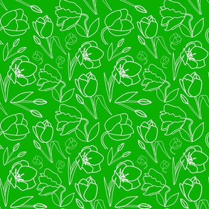 Spring Tulips in My Garden - line art, white on emerald green, medium 