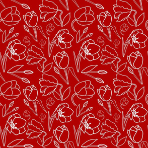 Spring Tulips in My Garden - line art, white on deep red, medium 