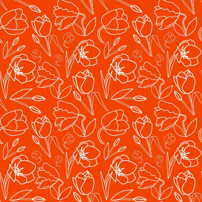 Spring Tulips in My Garden - line art, white on amber orange, medium 