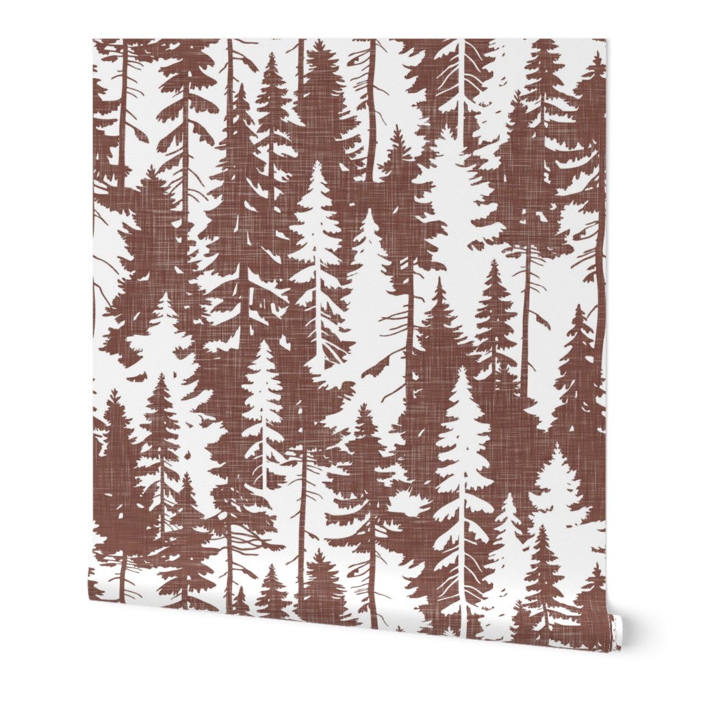 Pine Tree Camouflage / Maroon White Linen Texture Camo Woodland Fabric Wallpaper