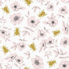 Pink & Yellow Bees with Wild Rose Flowers - Small