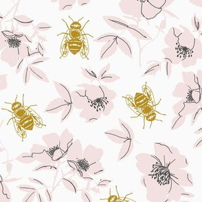 Pink & Yellow Bees with Wild Rose Flowers - Large