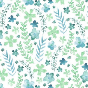 Watercolour Ditzy Floral Teal and Green Small Scale