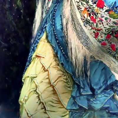 black woman lady african descent POC people of color WOC white blue red victorian beautiful lady 19th century flowers floral roses bustle lace portrait garden gloves veil shawl trees sky  bows gown romantic beauty vintage antique elegant gothic lolita egl