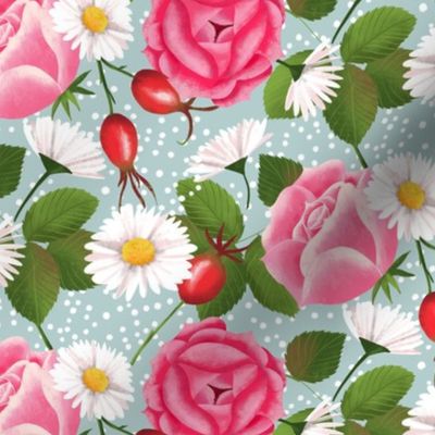 rose hip roses daisies small scale