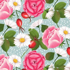 rose hip roses daisies small scale
