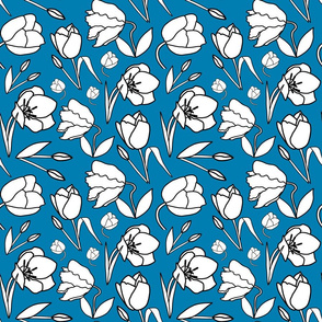 Spring Tulips in My Garden #2 - Black outlines, teal blue, medium 