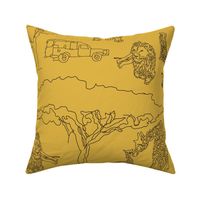 Safari with African Animals and Baobab Trees on Yellow Background