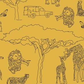 Safari with African Animals and Baobab Trees on Yellow Background