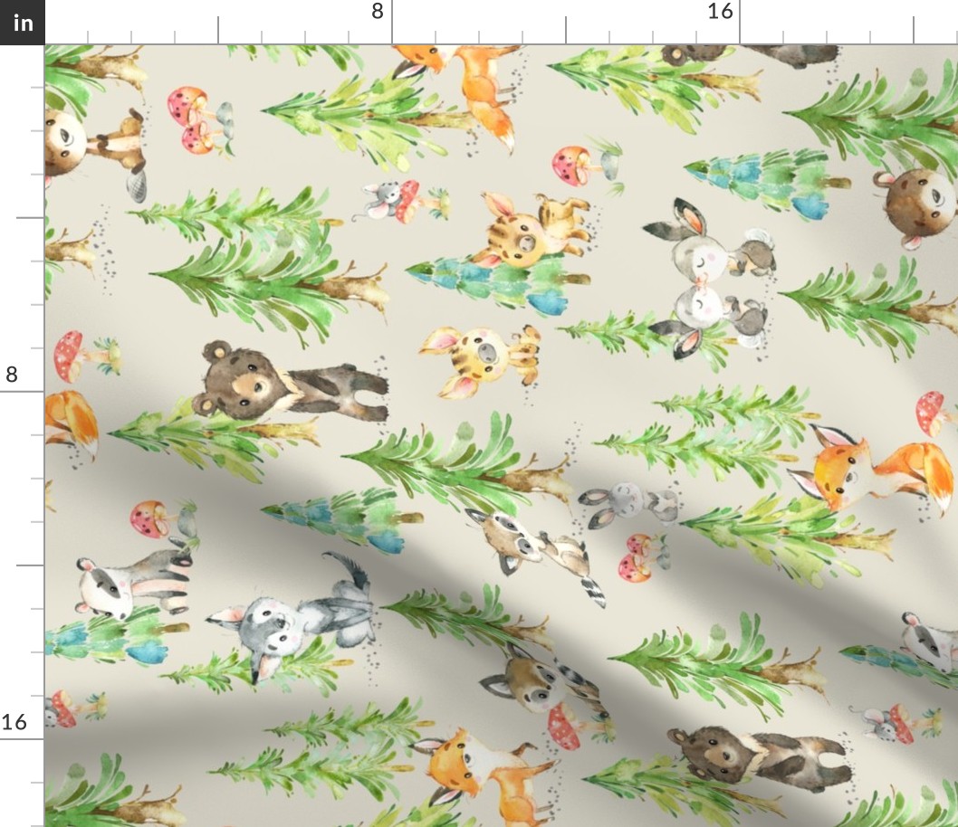 Young Forest (cream) Kids Woodland Animals & Trees, Bedding Blanket Baby Nursery, LARGE scale ROTATED