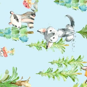 Young Forest (pale blue) Kids Woodland Animals & Trees, Bedding Blanket Baby Nursery, LARGE scale ROTATED