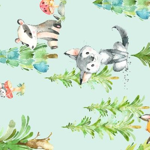Young Forest (soft mint) Kids Woodland Animals & Trees, Bedding Blanket Baby Nursery, LARGE scale ROTATED
