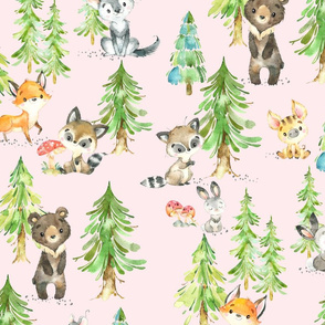 XL Young Forest (shell pink) Kids Woodland Animals & Trees, Bedding Blanket Baby Nursery