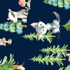 Young Forest (navy) Kids Woodland Animals & Trees, Bedding Blanket Baby Nursery, LARGE scale ROTATED