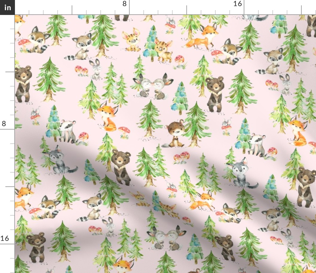 Young Forest (shell pink) Kids Woodland Animals & Trees, Bedding Blanket Baby Nursery, MEDIUM scale