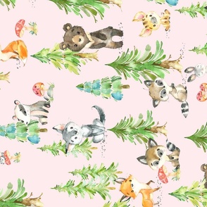 XL Young Forest (shell Pink) Kids Woodland Animals & Trees, Bedding Blanket Baby Nursery, ROTATED