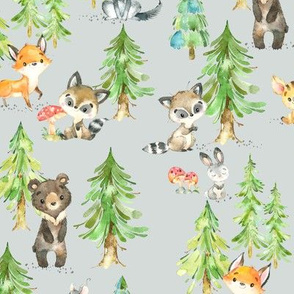 Young Forest (frost gray) Kids Woodland Animals & Trees, Bedding Blanket Baby Nursery, MEDIUM scale