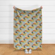 east fork abstract waves, large scale, mint green blue teal chartreuse red orange peach coral light gray grey