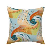 east fork abstract waves, large scale, mint green blue teal chartreuse red orange peach coral light gray grey