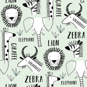 Safari animals line drawing (mint)