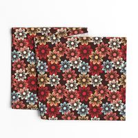 Stylized red, blue, and yellow flowers against a chocolate background.