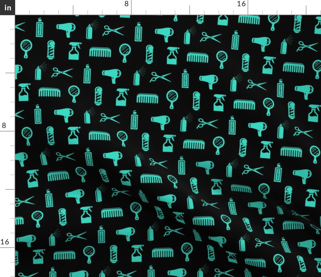 Salon & Barber Hairdresser Pattern in Teal Green with Black Background