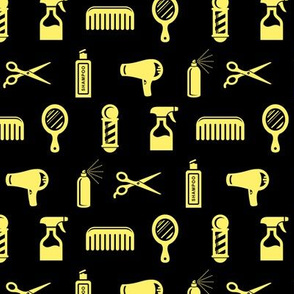 Salon & Barber Hairdresser Pattern in Soft Yellow with Black Background