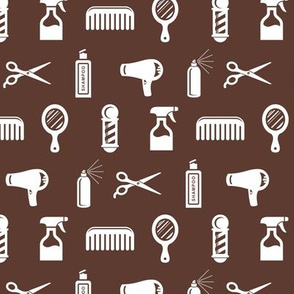 Salon & Barber Hairdresser Pattern in White with Coffee Brown Background