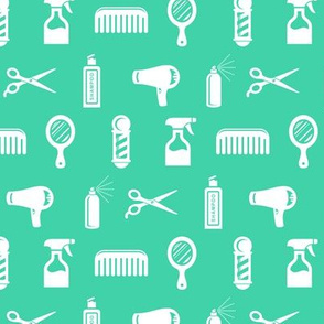 Salon & Barber Hairdresser Pattern in White with Teal Green Background