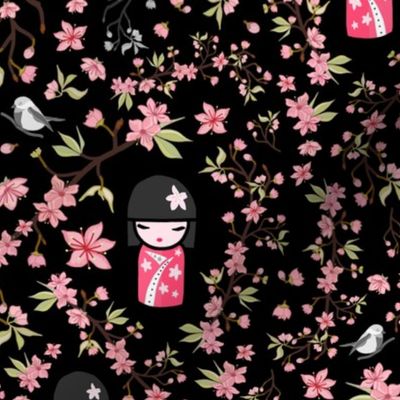 Spring Cherry Blossom - Japanese Doll on black, medium 