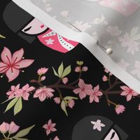 Spring Cherry Blossom - Japanese Doll on black, medium 