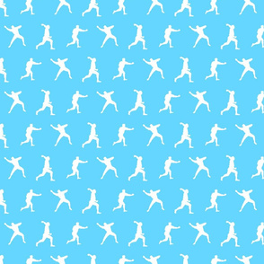 Baseball Player Silhouettes in White on Light Blue Background (Small Scale)