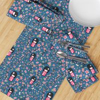 Spring Cherry Blossom - Japanese Dolls on teal blue, medium 