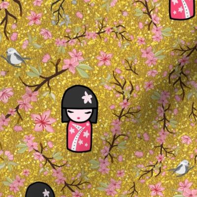 Spring Cherry Blossom - Japanese Dolls on glitter gold, medium 