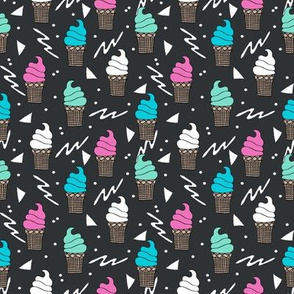 SMALL ice cream fabric // 80s 90s rad waffle cone food kawaii design - charcoal
